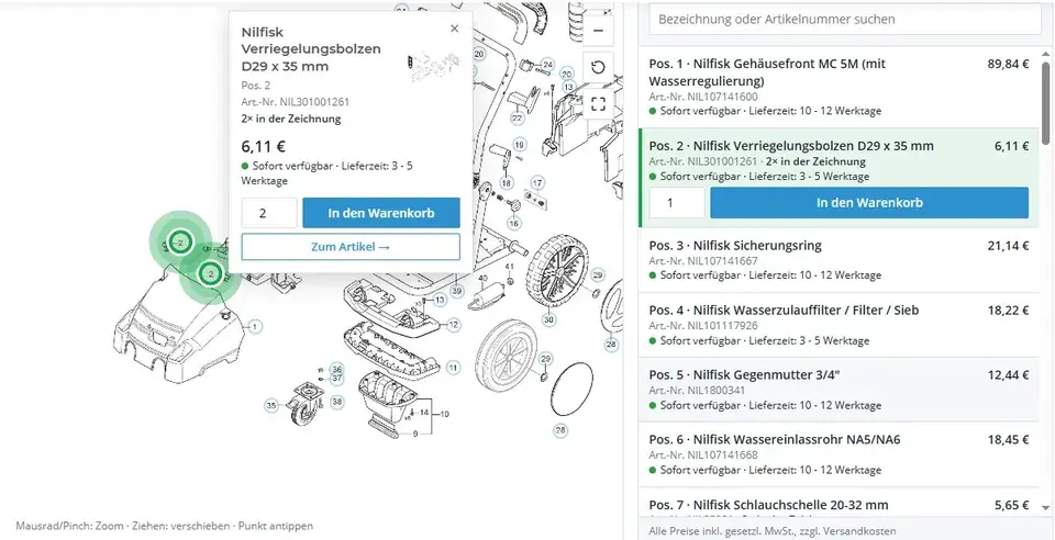Interaktive Explosionszeichnung eines Nilfisk MC 5M: ausgewählte Position mit Preis, Lieferzeit und Warenkorb-Button